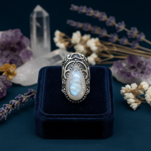 Silver ring with teardrop-shaped stone on a blue velvet square with lavender, flowers and crystals in the background