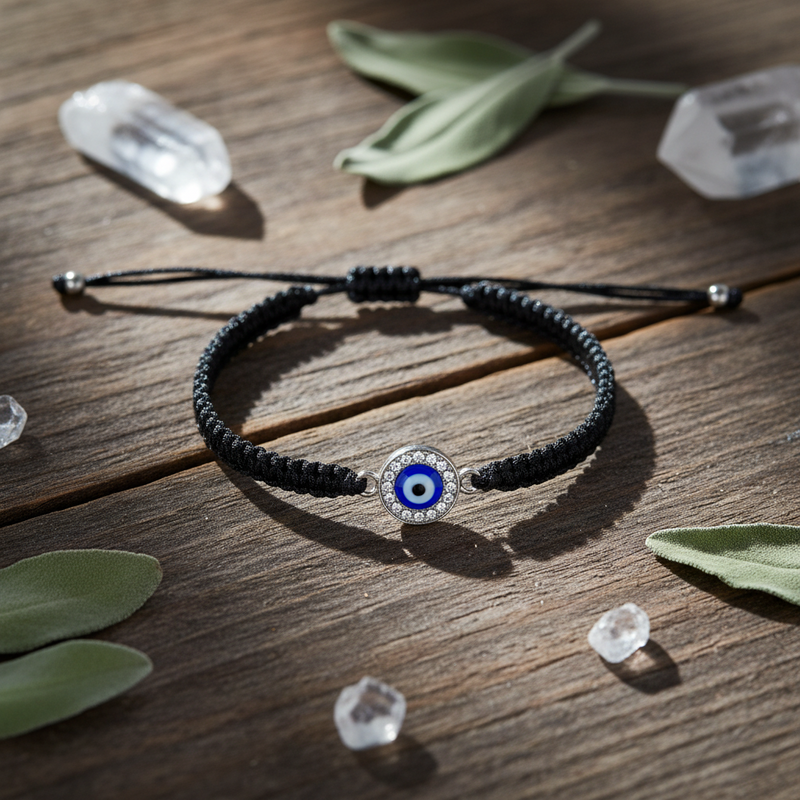Black braided bracelet with a blue evil eye charm on a wooden surface with crystals and leaves.