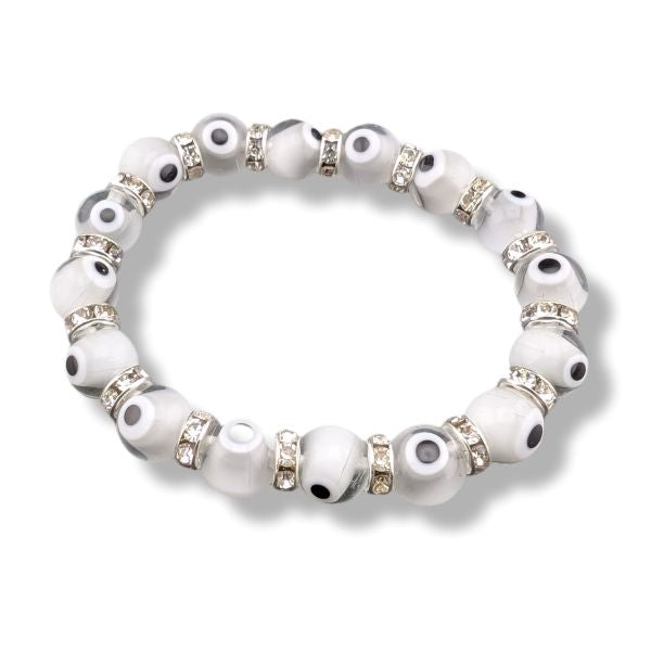 White beaded bracelet with rhinestones on a white background