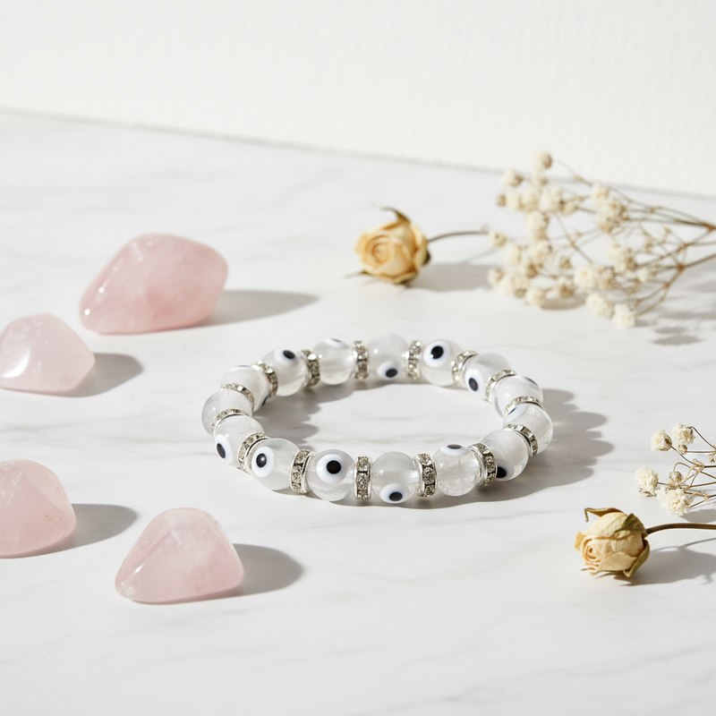 White beaded bracelet with black accents on a light surface with pink stones and dried flowers.