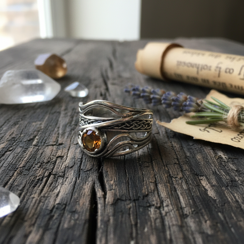 a wavy sterling silver ring with citrine on a rustic table with crysals and herbs around for decoration