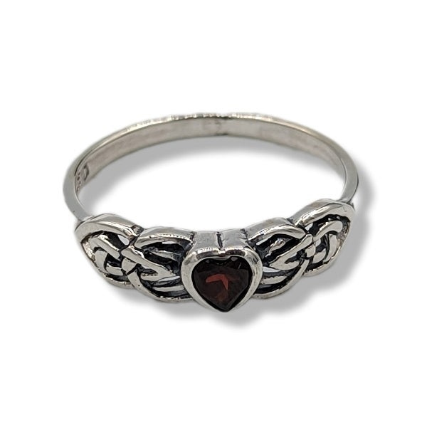 Ring Garnet Celtic Heart Sterling Silver