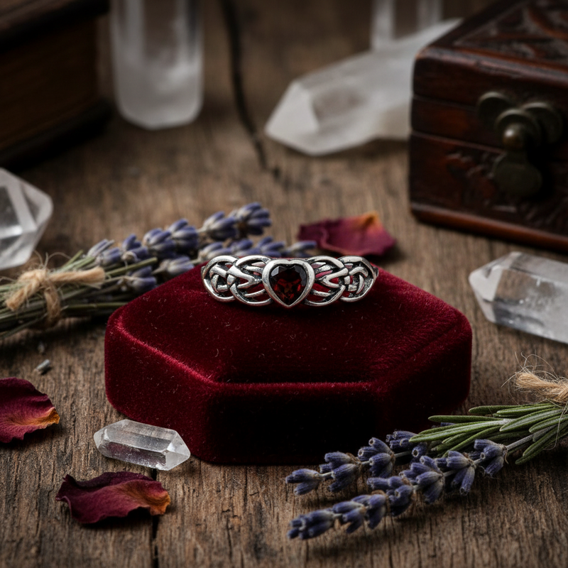 Silver ring with a heart-shaped gemstone on a red velvet squrae surrounded by crysals and herbs.