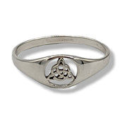 Silver ring with a Trinity knot design on a white background