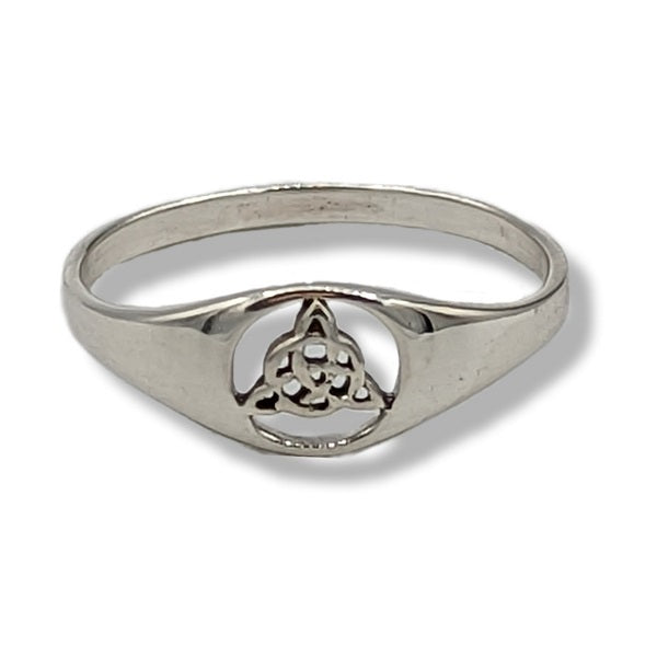 Silver ring with a Trinity knot design on a white background