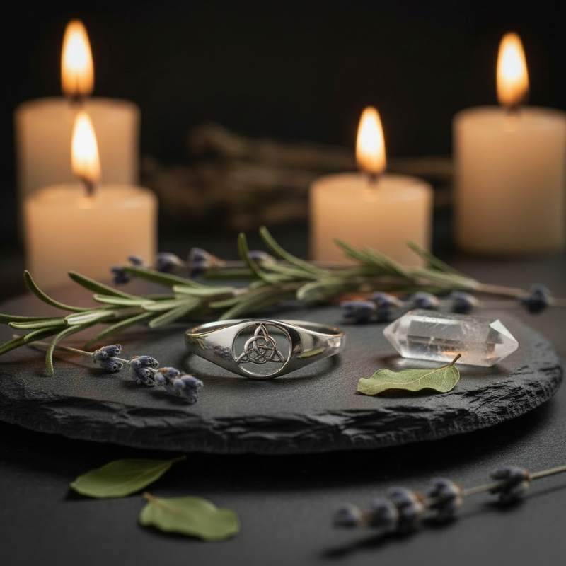 Silver ring with a Trinity knot design on a slat disk with herbs and crystals, with 4 candles in the background
