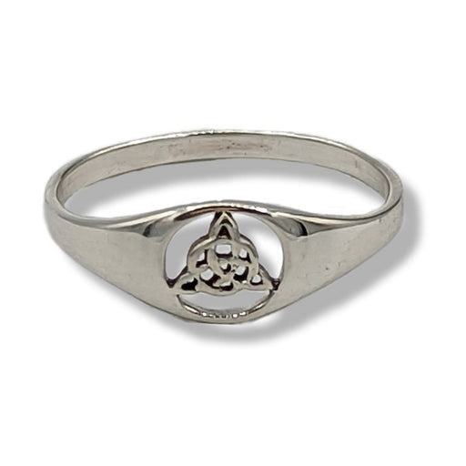 Silver ring with a Trinity knot design on a white background