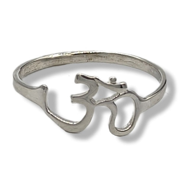 Silver ring with Om symbol on a white background