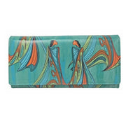 A teal and turquoise clutch wallet featuring a Sioux Native Art on a white background