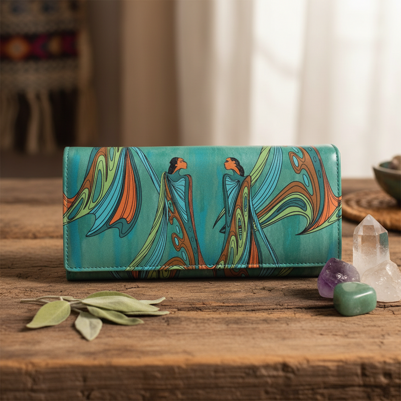 A long wallet or clutch with a turquoise background and Sioux Native Art of two stylized figures in flowing blue, orange, and green garments, displayed on a rustic wooden table with crystals and leaves.