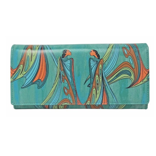 A teal and turquoise clutch wallet featuring a Sioux Native Art on a white background