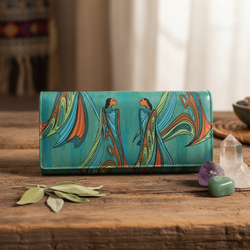 A long wallet or clutch with a turquoise background and Sioux Native Art of two stylized figures in flowing blue, orange, and green garments, displayed on a rustic wooden table with crystals and leaves.