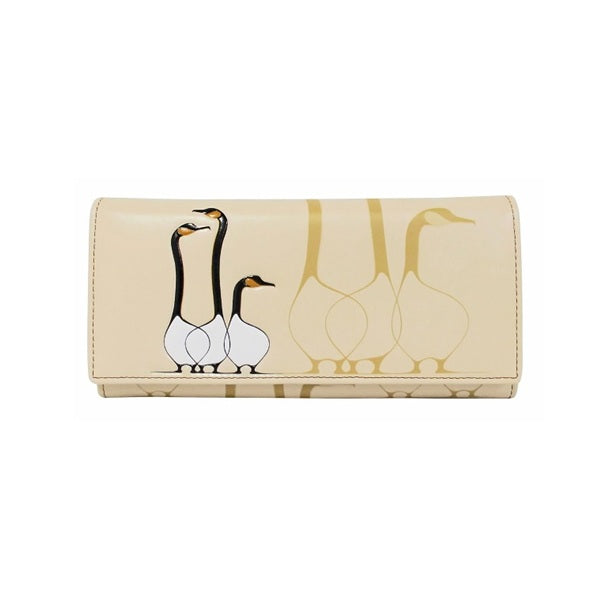 A beige leather wallet featuring a printed design of three geese on the front, with three gold geese silhouettes in the background.
