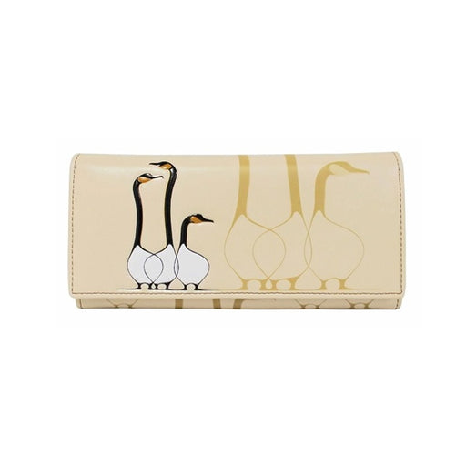 A beige leather wallet featuring a printed design of three geese on the front, with three gold geese silhouettes in the background.