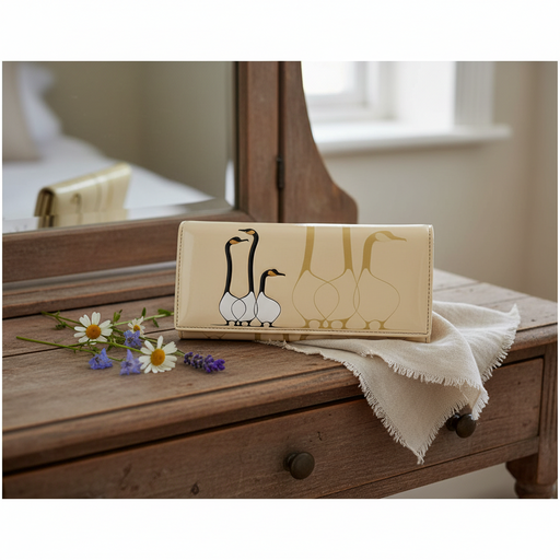 A cream-colored leather clutch wallet featuring a goose illustration, styled on a rustic wooden chest with a white fringed cloth and small daisies.