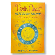 Book cover of 'Birth Chart Interpretation Plain & Simple' by Andrea Taylor with astrological symbols on a yellow background.