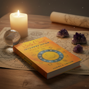 Book titled 'Birth Chart Interpretation' on an astrological map with a candle and crystals.