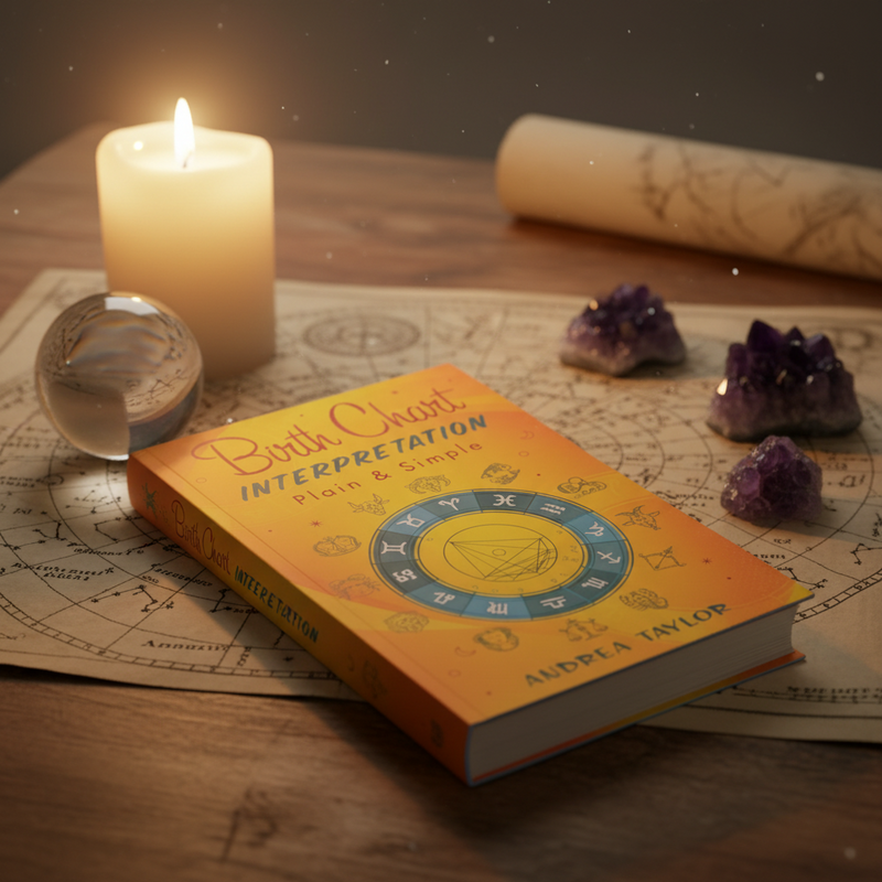 Book titled 'Birth Chart Interpretation' on an astrological map with a candle and crystals.