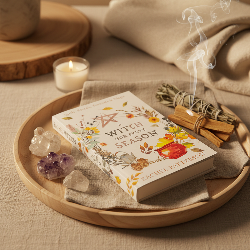 A styled flat-lay of the book 'Witch for Every Season' by Rachel Fanterson on a round wooden tray, surrounded by crystals, a lit candle, a smudging bundle, and a folded beige cloth.