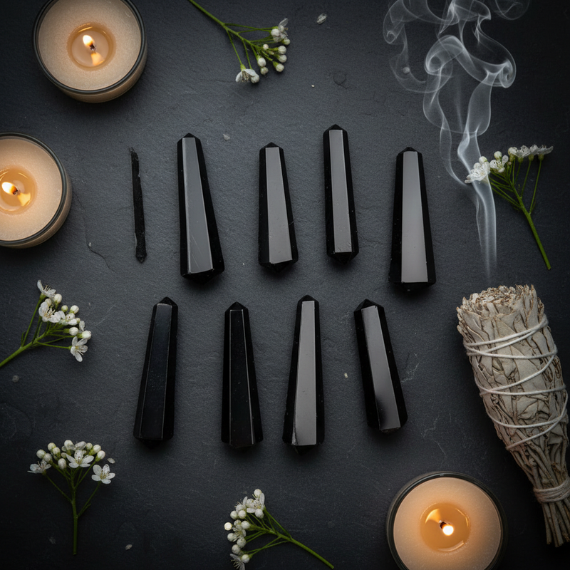 Nine polished black crystal points arranged in two rows on a dark slate surface, surrounded by lit candles, small white flowers, a smudging bundle, and a wand in a styled flat-lay composition.