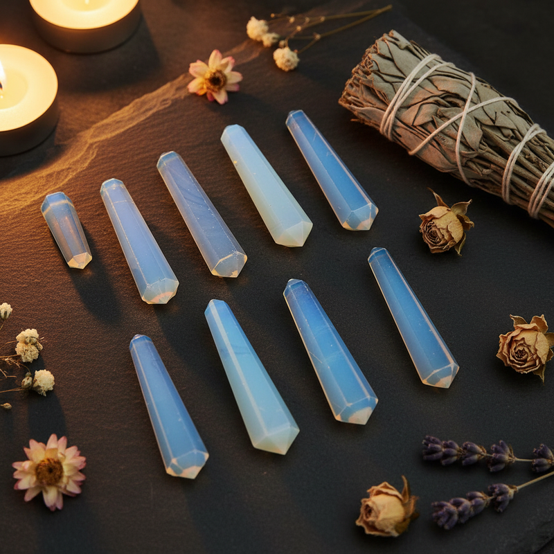 Nine light blue conical crystal points arranged on a dark slate surface, styled with candles, dried flowers, lavender, and a sage bundle.