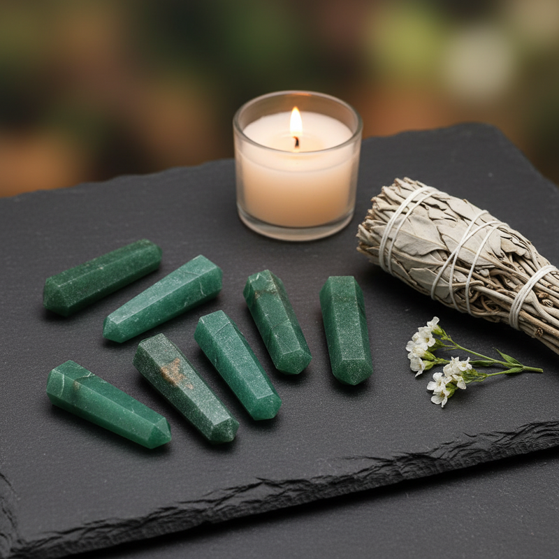 Six green crystal points arranged on a dark slate board next to a lit candle and a white sage smudge bundle, with a softly blurred natural background.