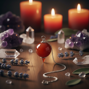 Red pendulum on a chain with candles, crystals, and lavender flowers on a wooden surface.