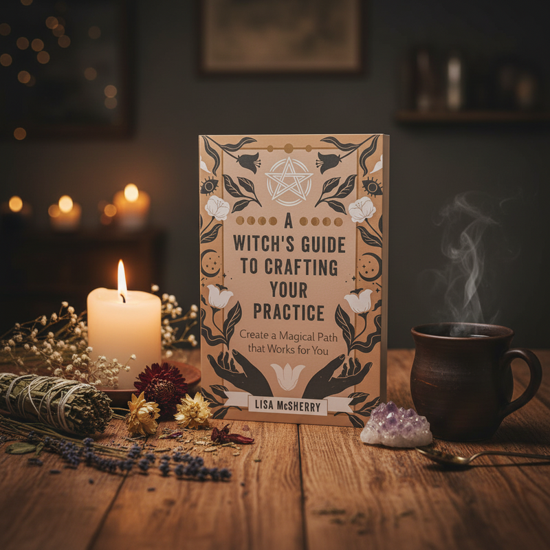Book titled 'A Witch's Guide to Crafting Your Practice' by Lisa McSherry on a wooden table with candles and other items.