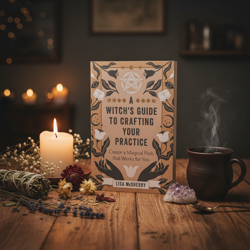 Book titled 'A Witch's Guide to Crafting Your Practice' by Lisa McSherry on a wooden table with candles and other items.