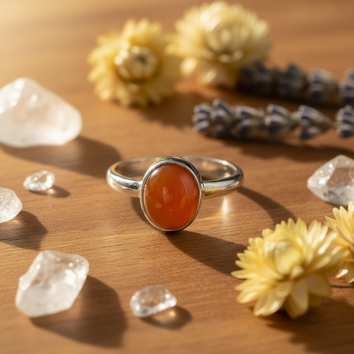 Silver ring with a red stone on a wooden surface with flowers and crystals