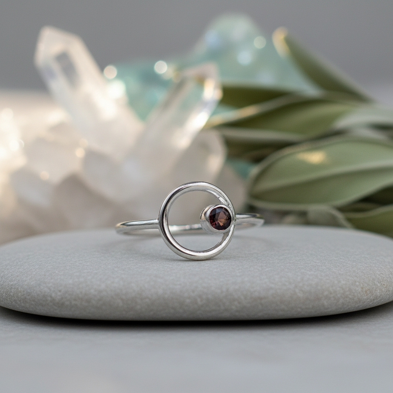 Silver ring with a gemstone on a stone surface with a blurred natural background