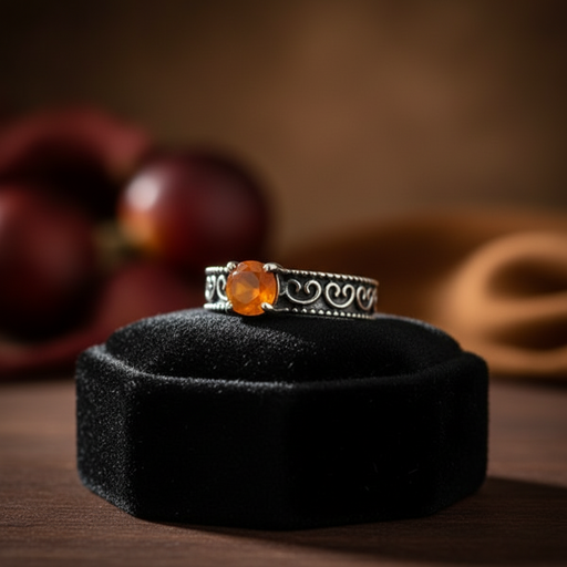 Silver ring with a orange gemstone on a black cushion against a blurred background