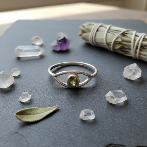 Silver ring with a green gemstone on a piece of slate with sage, herbs and crystals displayed around it.