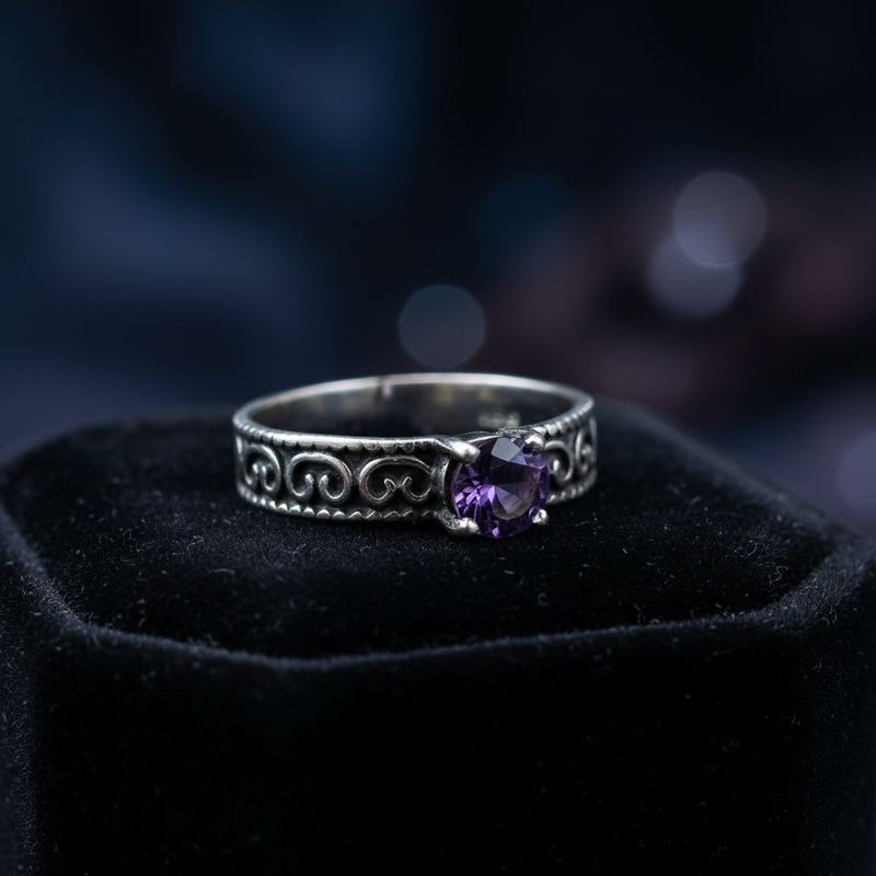 Silver ring with a purple gemstone on a black velvet stand with a dark background