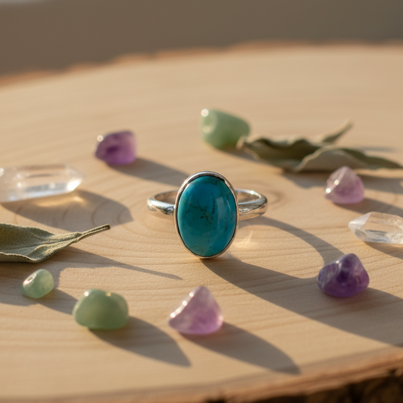 Silver ring with a turquoise stone on wooden table surrounded by amethyst, aventurine and quartz