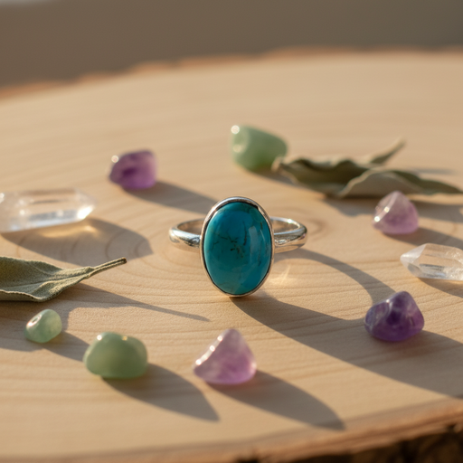 Silver ring with a turquoise stone on wooden table surrounded by amethyst, aventurine and quartz