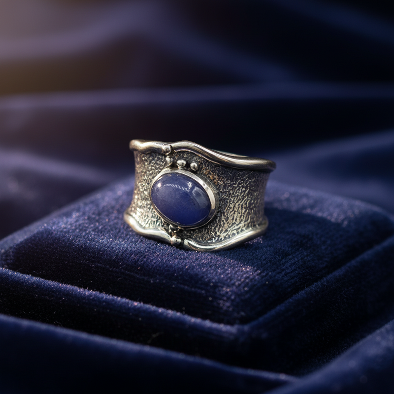 Silver ring with a blue stone on a Blue velvet background