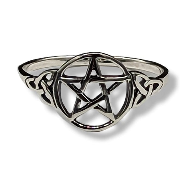 Silver ring with pentagram design on a white background