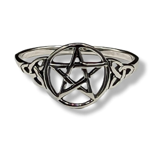 Silver ring with pentagram design on a white background