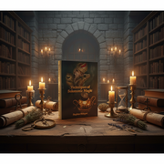 Book titled 'Techniques of Solomonic Magic' on a wooden table in a library setting with candles and books.