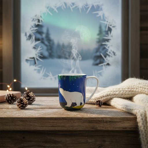 A steaming ceramic mug with a polar bear design sits on a wooden windowsill in a cozy indoor setting, with a snowy outdoor scene visible through the window behind it.
