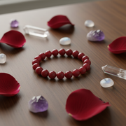 A red beaded bracelet arranged in a circle on a wooden tabletop, surrounded by red rose petals, clear quartz points, and small purple and white stones.