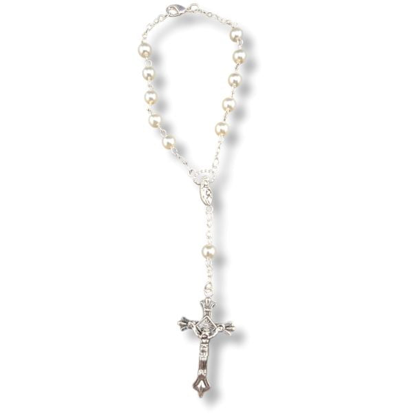 Auto Rosary White Glass Pearl