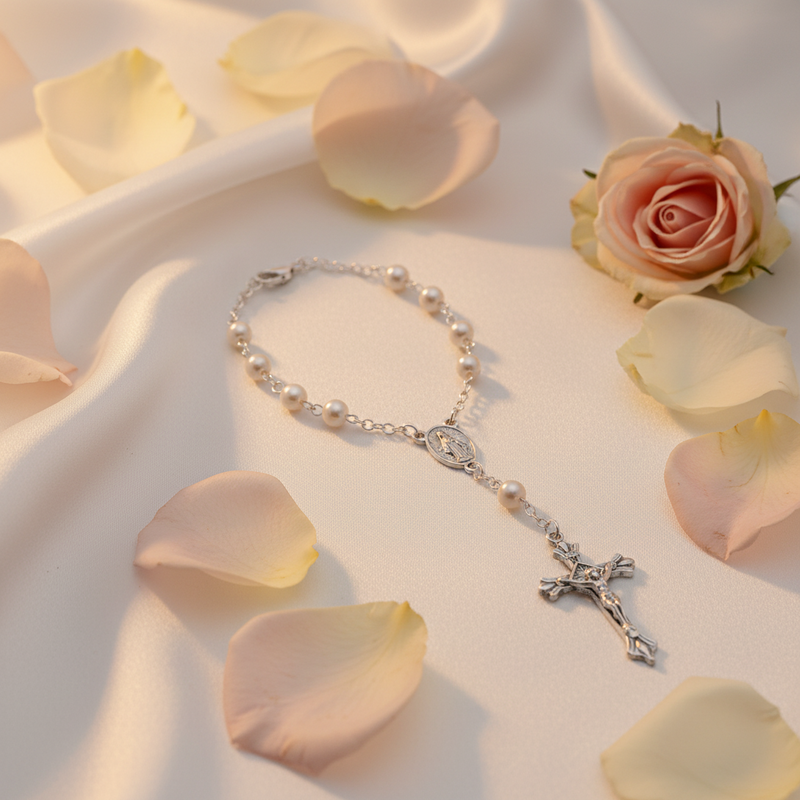 Auto Rosary White Glass Pearl