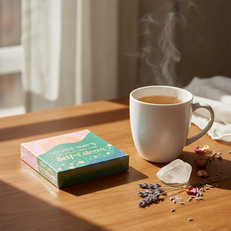 Steaming mug of tea on a wooden table with a box of tea bags and decorative stones.