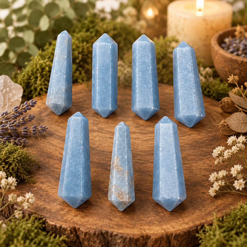 Seven light blue polished crystal points arranged on a rustic wooden slice surrounded by green moss, dried flowers, and soft blurred candles in the background.