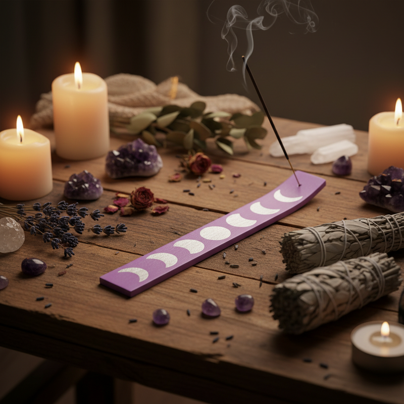 Wiccan altar setup with candles, crystals, and smudge sticks on a wooden surface.