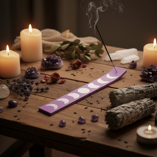 Wiccan altar setup with candles, crystals, and smudge sticks on a wooden surface.