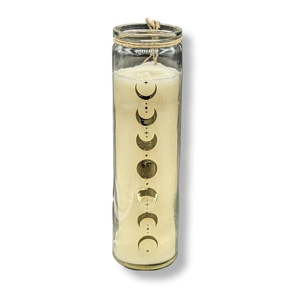 Candle in a glass jar with moon phase design on a white background