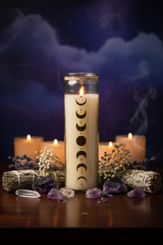 Decorative candle with moon phases, surrounded by candles, crystals, and smudge sticks on a dark background.